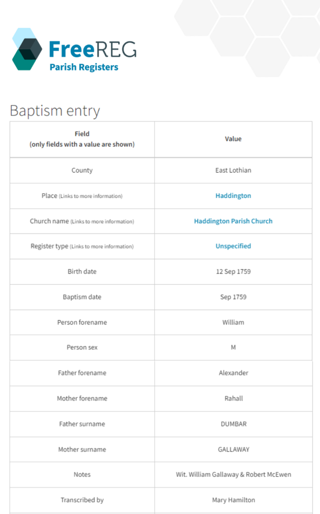 Baptism record of William Dumbar on FreeREG