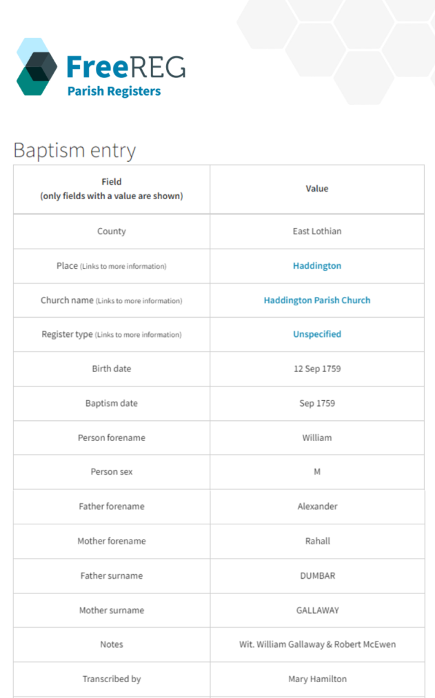Baptism record of William Dumbar on FreeREG Baptism record of William Dumbar on FreeREG