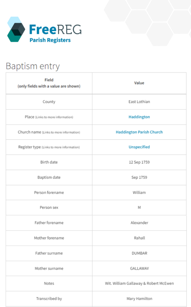 Baptism record of William Dumbar on FreeREG