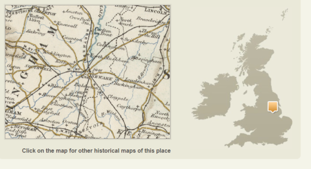 Historic map of Newark and environs, and map showing location of Newark in the centre of England